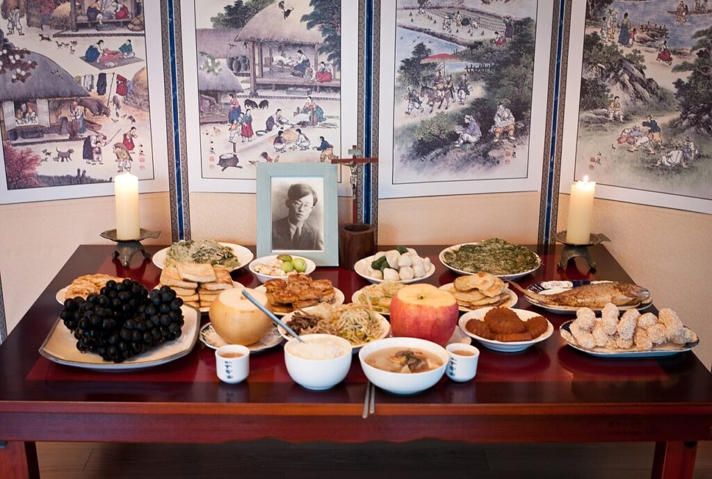 A charye table of food offerings set out for Chuseok in Korea